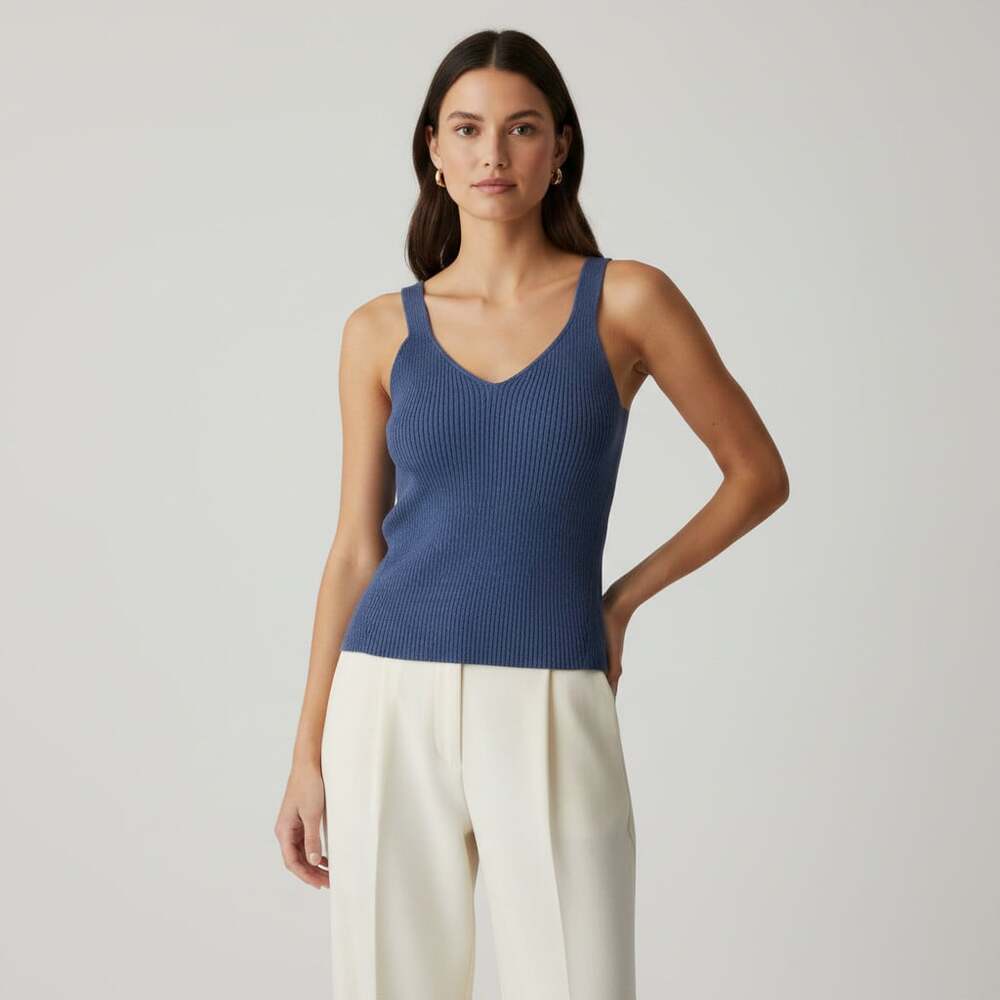 Saturday Sunday Anthropologie Ribbed Crop Tank Navy Deep V-Neck Wide Strap M